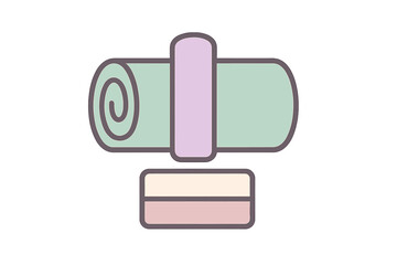Pastel colored rolled yoga or fitness mat secured with a strap and a rectangular exercise block