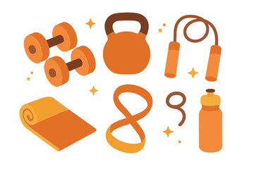 Essential workout gear and gym accessories set including dumbbells and yoga mat