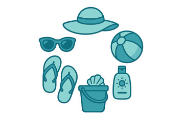 Obraz premium Essential summer beach vacation accessories collection in blue and teal colors