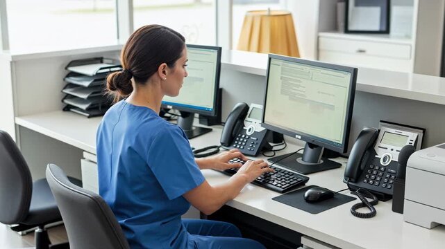 Nurse or medical receptionist working on administrative tasks on computer at healthcare clinic front desk.