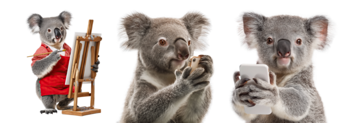 Koala Taking a Selfie with Smartphone, Isolated on Transparent Background

