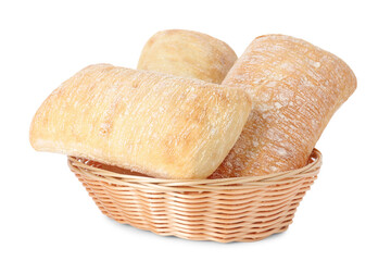 Tasty fresh ciabattas in wicker basket isolated on white