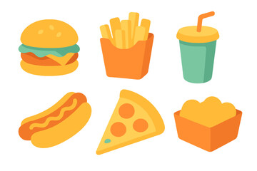 Collection of six popular fast food sticker icons: hamburger, french fries, soda drink, hot dog, pizza slice, and chicken nuggets