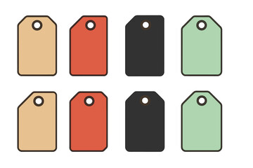 Set of eight blank retail price tags in various colors and shapes for commerce and sale