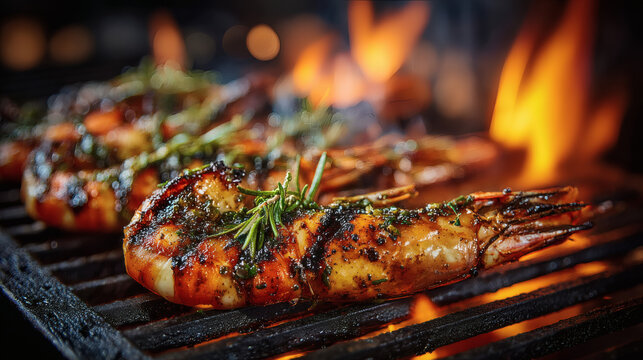 Grilled shrimp with herbs cooking over open flames on a barbecue grate, showing delicious char marks.