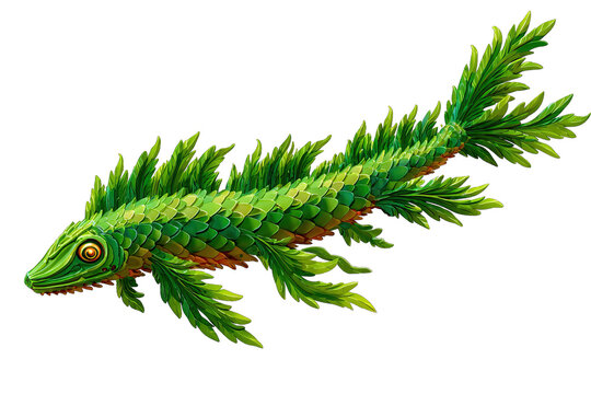 Whimsical green fish adorned with plant-like scales and fins
