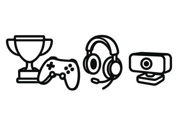 Naklejka premium Outline icons of gaming trophy, gamepad controller, headset, microphone, and webcam for streaming