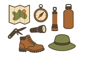 Map compass boot and flashlight essential items for outdoor adventure and camping