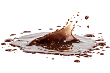 Chocolate splash frozen in time isolated on transparent background.