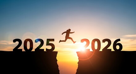 Silhouette of a person jumping across a gap between 2025 and 2026 at sunset, symbolizing transition and new beginnings