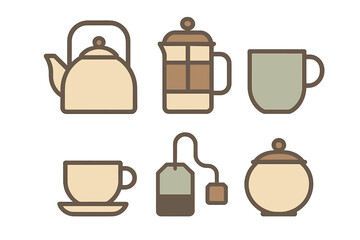 Minimalist symbols for hot beverage service including teapot, cups, and sugar bowl