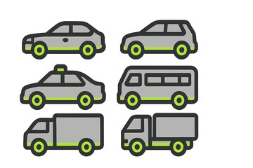 Set of stylized icons depicting modern road vehicles and commercial transport