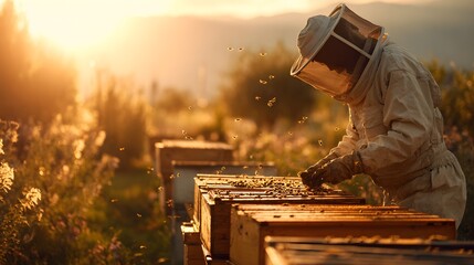 Observing the vibrant golden hour, a beekeeper meticulously tends to beehives under the warm glow of the sun, surrounded by buzzing bees in an outdoor setting during daytime.