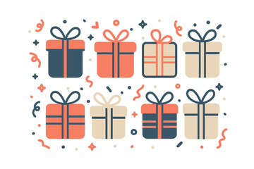 Festive collection of colorful gift boxes decorated with ribbons, bows, and scattered confetti