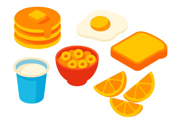 Isometric breakfast food set with pancakes, syrup, fried egg, toast, cereal, and fresh fruit
