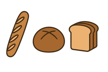 Collection of fresh baked bread varieties including baguette, round loaf, and sliced sandwich