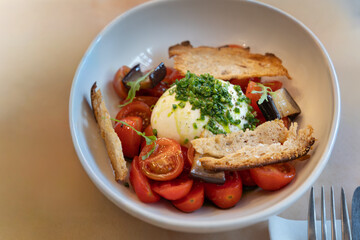 burrata, Italian cheese, burrata salad, cherry tomatoes, vegetables, protein food, healthy food, diet, gourmet, delicious, fresh, cooking, restaurant, dining, food photography, horizontal, indoor, nob