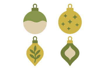 Modern collection of four festive holiday ornaments in earthy green and mustard yellow tones