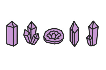 Detailed assortment of mystical purple crystal formations and raw amethyst stone shapes