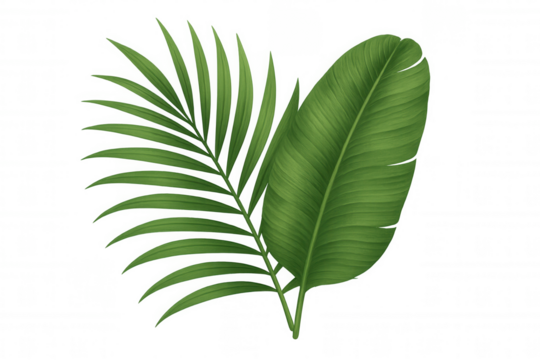 Tropical green palm and banana leaves creating a vibrant botanical background, isolated on a transparent backdrop