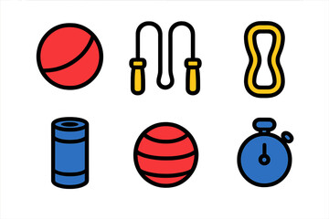 Colorful fitness and gym equipment icons including exercise balls, jump rope, mat, and stopwatch