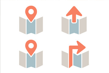 Collection of navigation and location symbols including map, pin marker, direction, and turning route