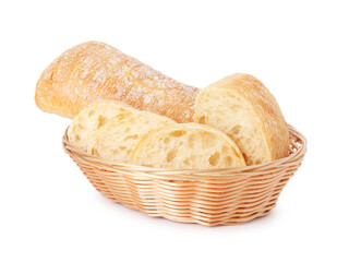 Tasty fresh ciabattas in wicker basket isolated on white