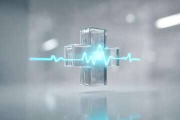 心電図波と透明な医療十字が融合した未来的医療コンセプト