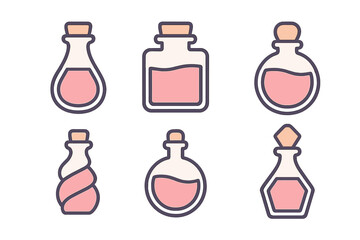 Six stylized bottles with pink liquid and cork stoppers in flat design style