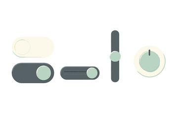 Neumorphic user interface controls set featuring toggle switches, sliders, and a rotary dial