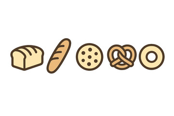 Assortment of baked goods including bread, baguette, cookie, pretzel, and bagel