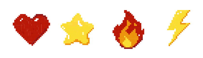 Pixel Art Icon. 8Bit Retro.  Set of star, heart, lightning, Fire gaming item.   8Bit game resource. vector Illustration isolated on white background.