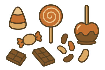 Classic sweet treats assortment featuring candy corn, chocolate bars, caramel apple, and swirl lollipop