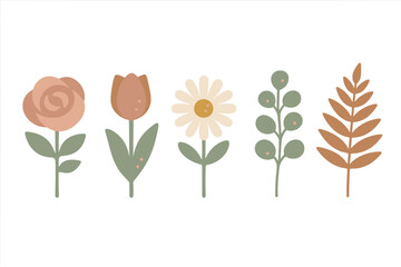 Minimalist abstract flowers and botanical leaves in earthy pastel colors