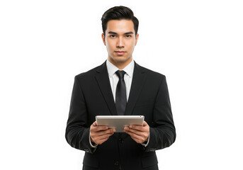 Young businessman holding a tablet isolated on transparent background
