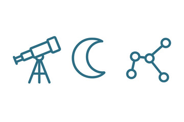 Outline icons set of astronomical symbols including telescope crescent moon and constellation