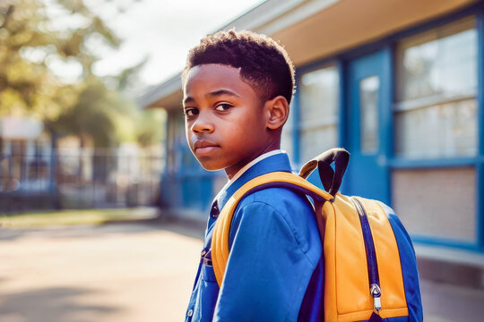 African american schoolboy with yellow backpack stands outside school on sunny morning, ready for new day of learning, academic year begins concept
