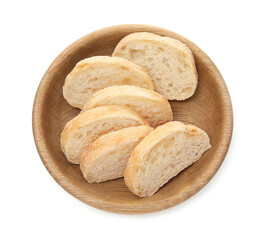Pieces of tasty fresh ciabatta in bowl isolated on white, top view