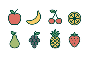 Colorful stylized fruit symbols collection including apple banana cherry pineapple strawberry