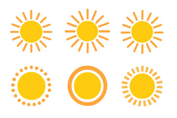 Set of six simple sun symbols in yellow and orange for summer and heat concepts