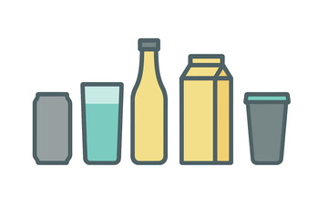 Horizontal row of diverse beverage containers including soda can, glass, bottle, carton, and travel cup
