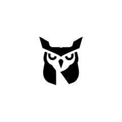 A stylized, minimalist illustration of an owl's face in black and white, centered on a white background