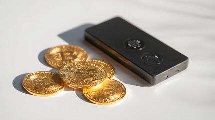 Golden currency coins alongside a dark colored device on a white surface, the image is brightly lit by natural sunlight creating strong shadows.