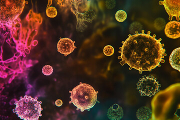 Microscopic View Of Colorful Bacteria And Viruses Spreading In A Dark Biological Environment Generative AI