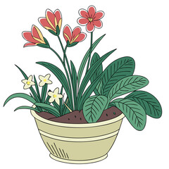 Charming illustration of a potted plant featuring delicate red and yellow flowers with green leaves and small white blossoms