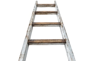 Old wooden step ladder isolated on transparent background. Wooden and metal ladder isolated on white background.