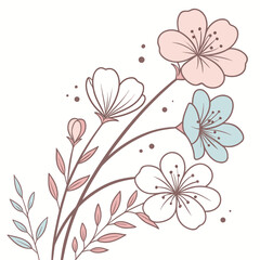 Delicate pastel cherry blossom branches with leaves and buds on a white background