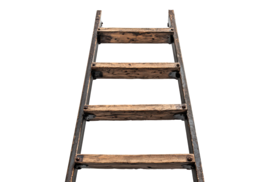 Old wooden step ladder isolated on transparent background. Wooden and metal ladder isolated on white background.