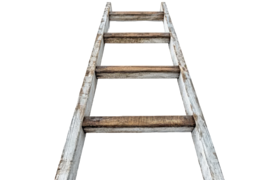 Old wooden step ladder isolated on transparent background. Wooden and metal ladder isolated on white background.