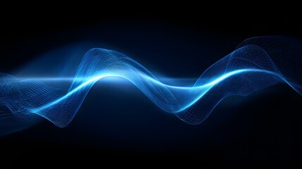 Fototapeta premium Dynamic, abstract digital artwork showcases a vibrant blue wave form against a deep black background, with a central beam of light, creating an illusion of movement and representing modern technology